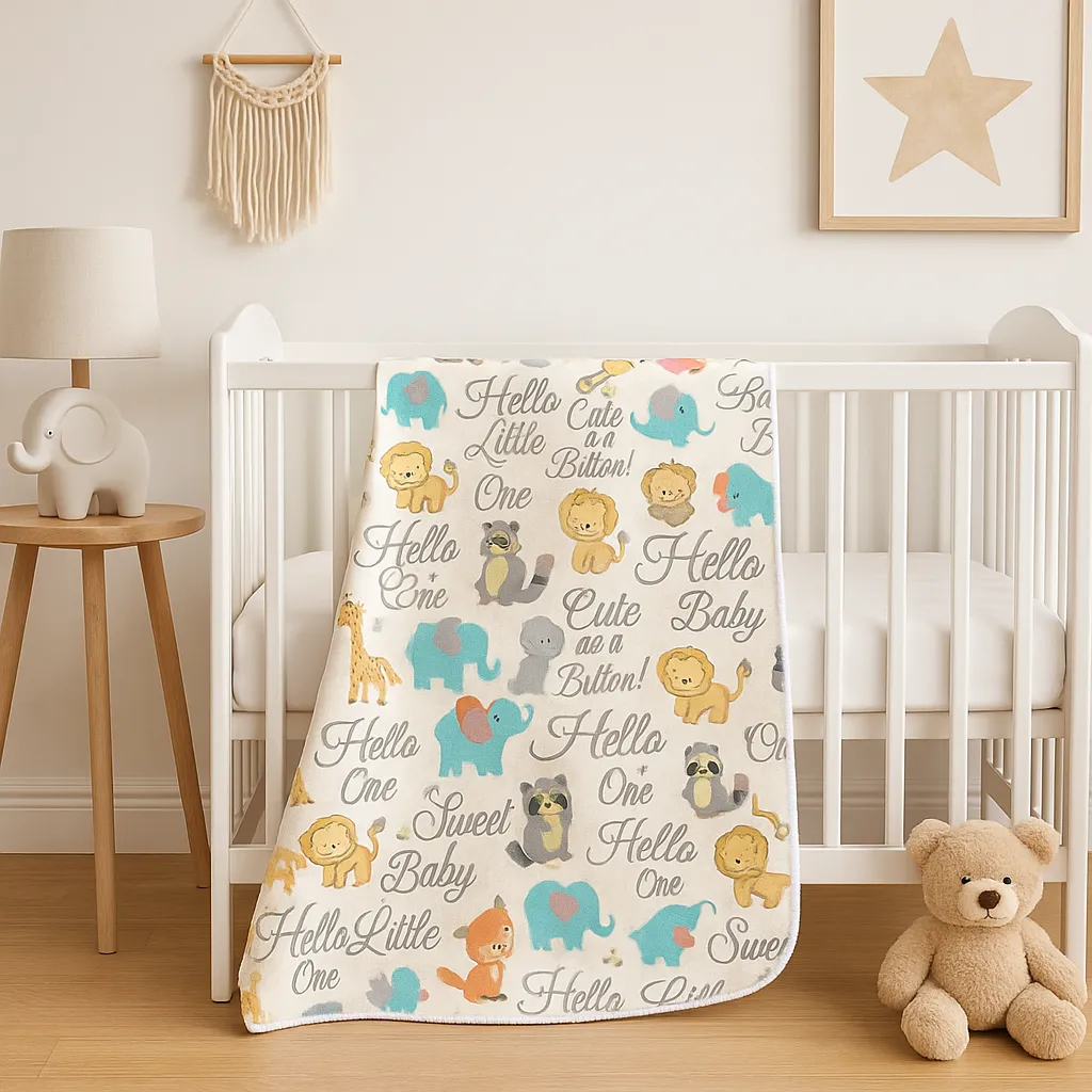 Cream Hello Little One baby blanket with lions and elephants hanging on a white crib in a nursery