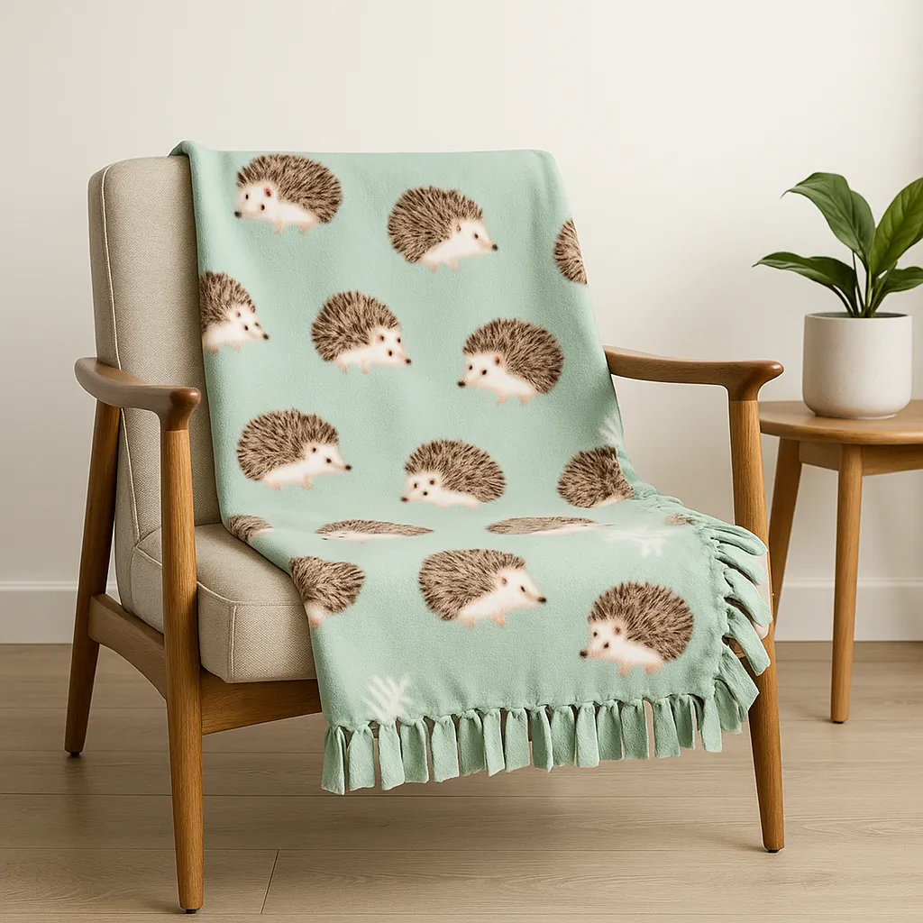Soft mint green fleece tie blanket printed with hedgehogs, draped over a mid century wooden chair