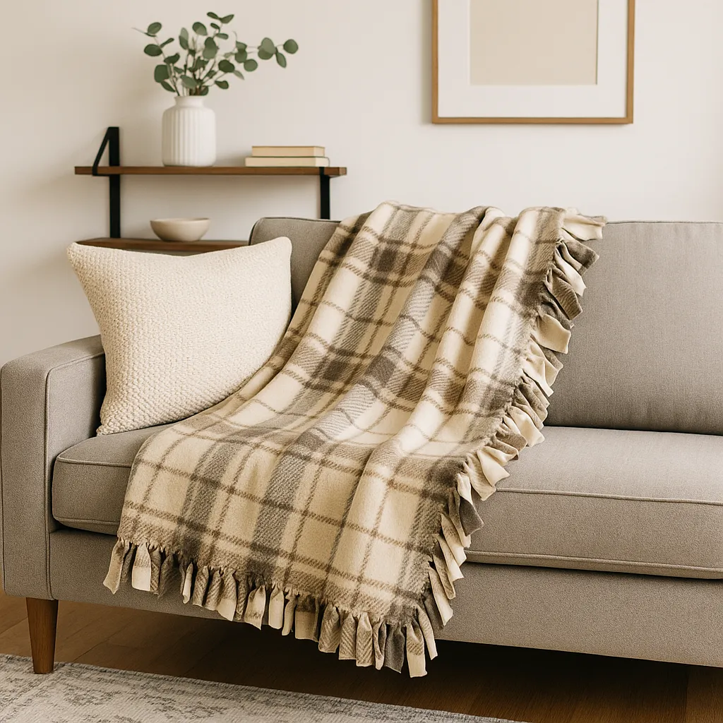 Cream and taupe plaid fleece tie blanket with a knotted fringe draped over a grey sofa