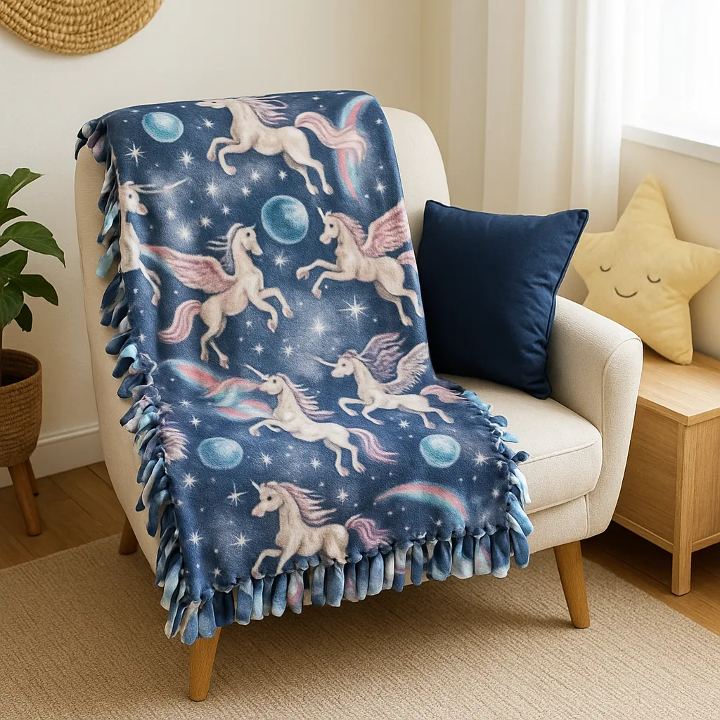Navy galaxy fleece tie blanket covered in unicorns draped over a cream nursery chair